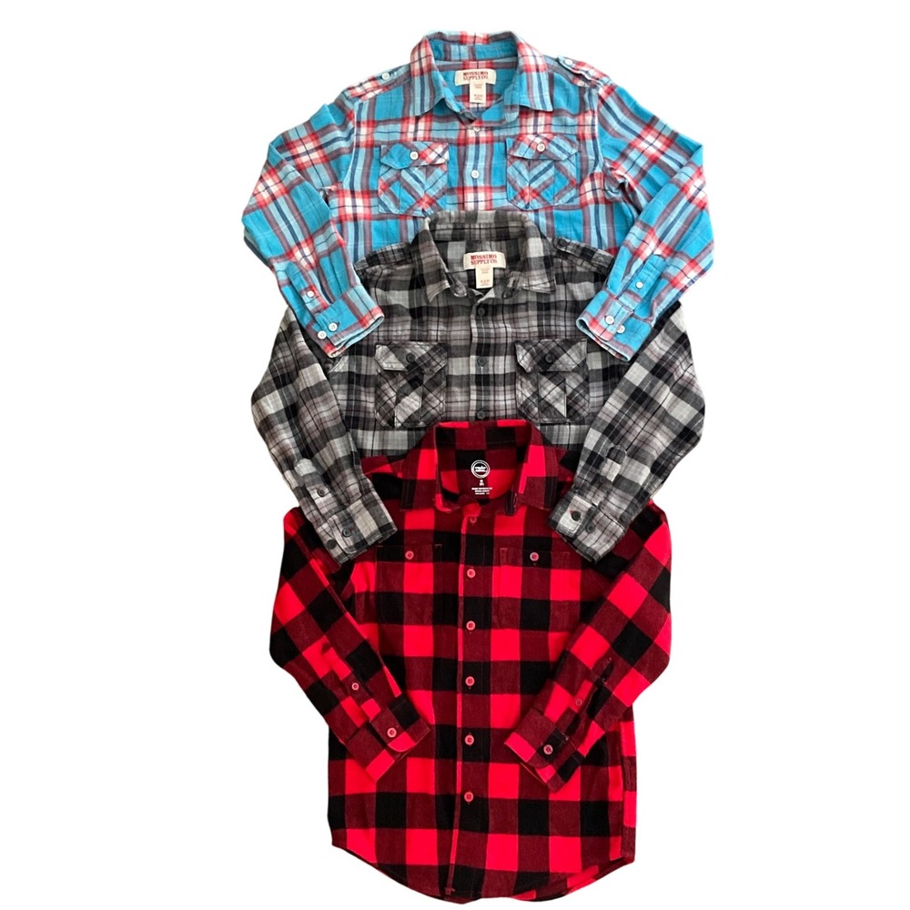 Boys Flannel Shirts Lot 3 Mossimo Wonder Nation Plaid Long Sleeve Sizes M 8 8/10